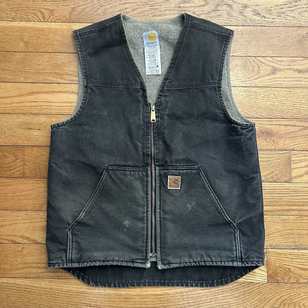 Vintage Carhartt Brown Canvas Sherpa Fleece Lined Full Zip Vest Medium - Picture 1 of 5